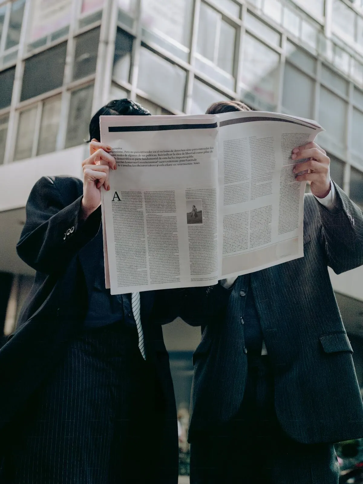 Two suited figures reading behind an open newspaper, shot from below against a corporate glass facade.