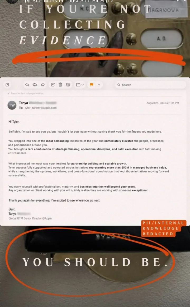 An Instagram story reading "IF YOU’RE NOT COLLECTING EVIDENCE — YOU SHOULD BE." over a reference email from a Global GTM Senior Director at Apple, dated August 2024, with personally identifying and internal information redacted by Bloom.