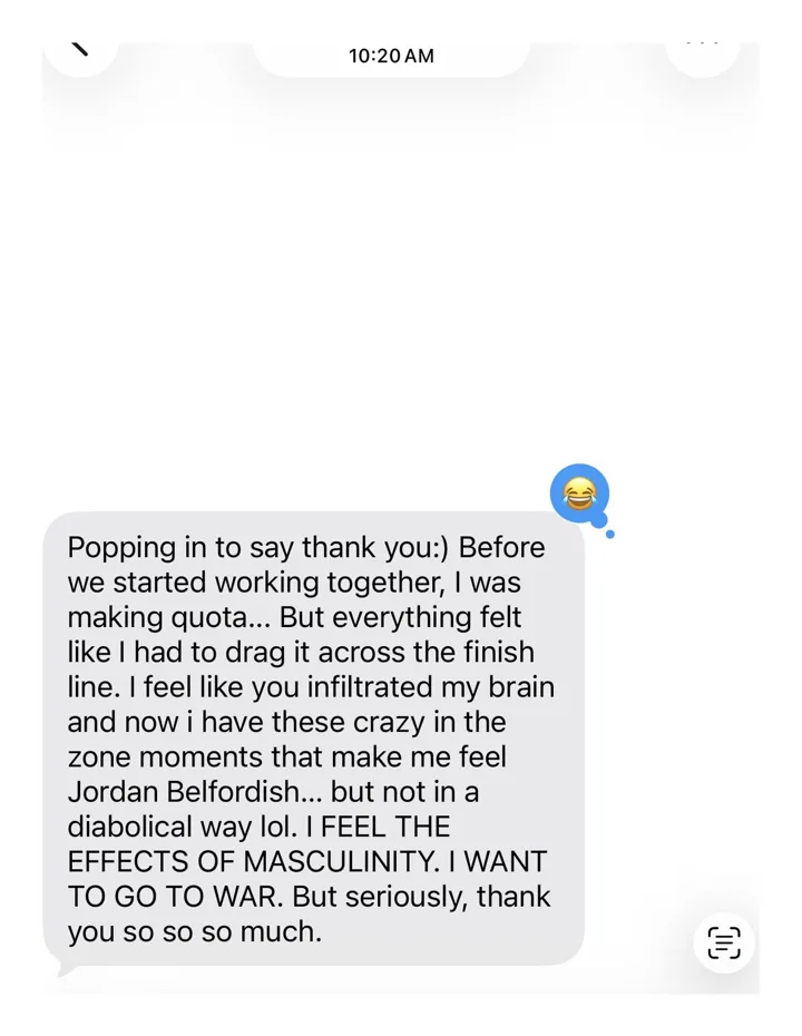 A long iMessage from a seller describing the change in how they work after training with Tyler.