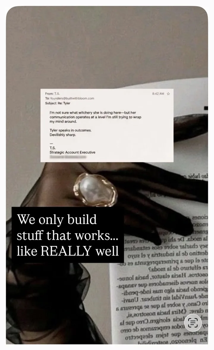 An email to founders@builtwithbloom.com from T.S., Strategic Account Executive, shown alongside the line "We only build stuff that works… like REALLY well".